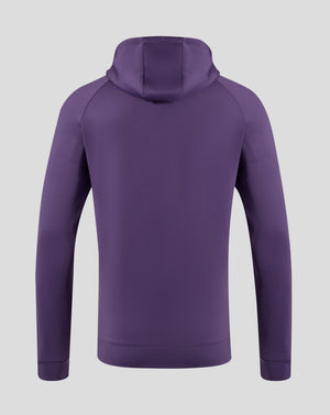 Back view of Everton FC 25/26 presentation scuba logo hoodie in Loganberry with hood up