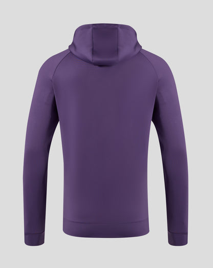 Back view of Everton FC 25/26 presentation scuba logo hoodie in Loganberry with hood up