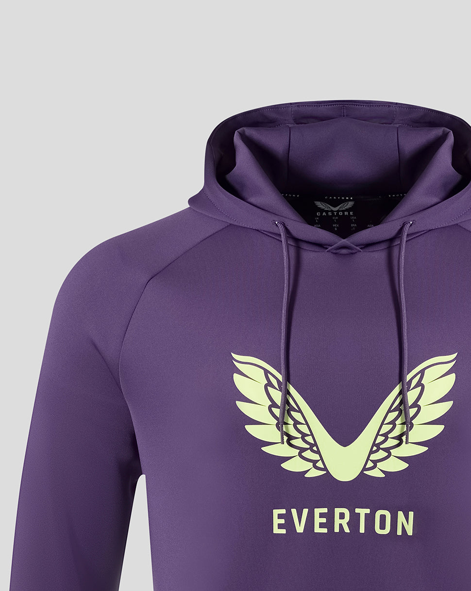 Close up of purple Everton hoodie showing pale wing logo centered on chest with hood and drawstrings