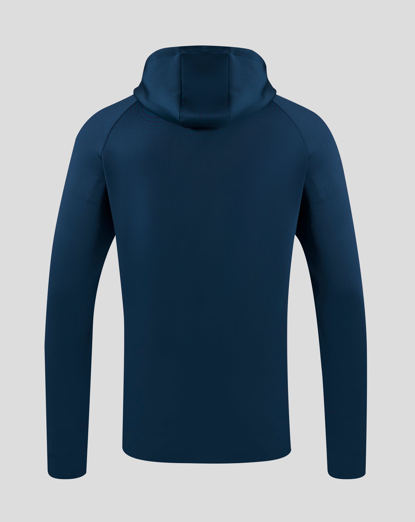 Back view of Everton hoodie showing plain navy fabric and an attached hood