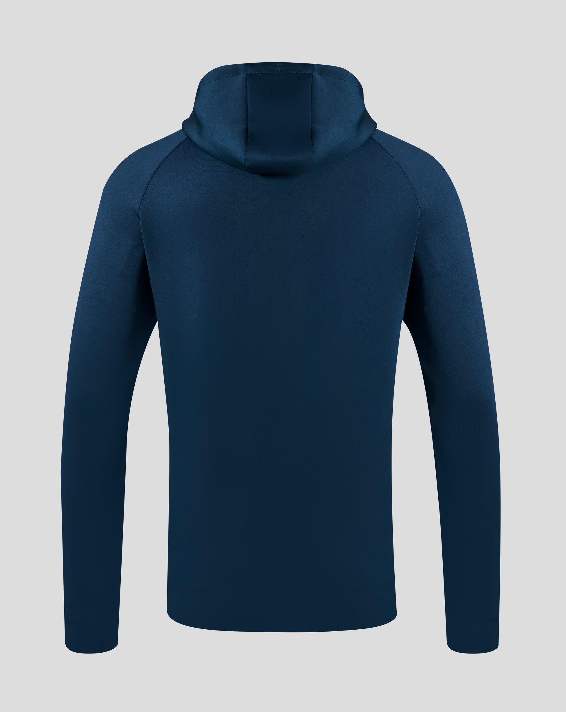 Back view of Everton hoodie showing plain navy fabric and an attached hood
