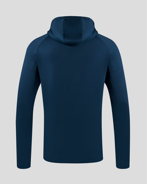 Back view of Everton hoodie showing plain navy fabric and an attached hood