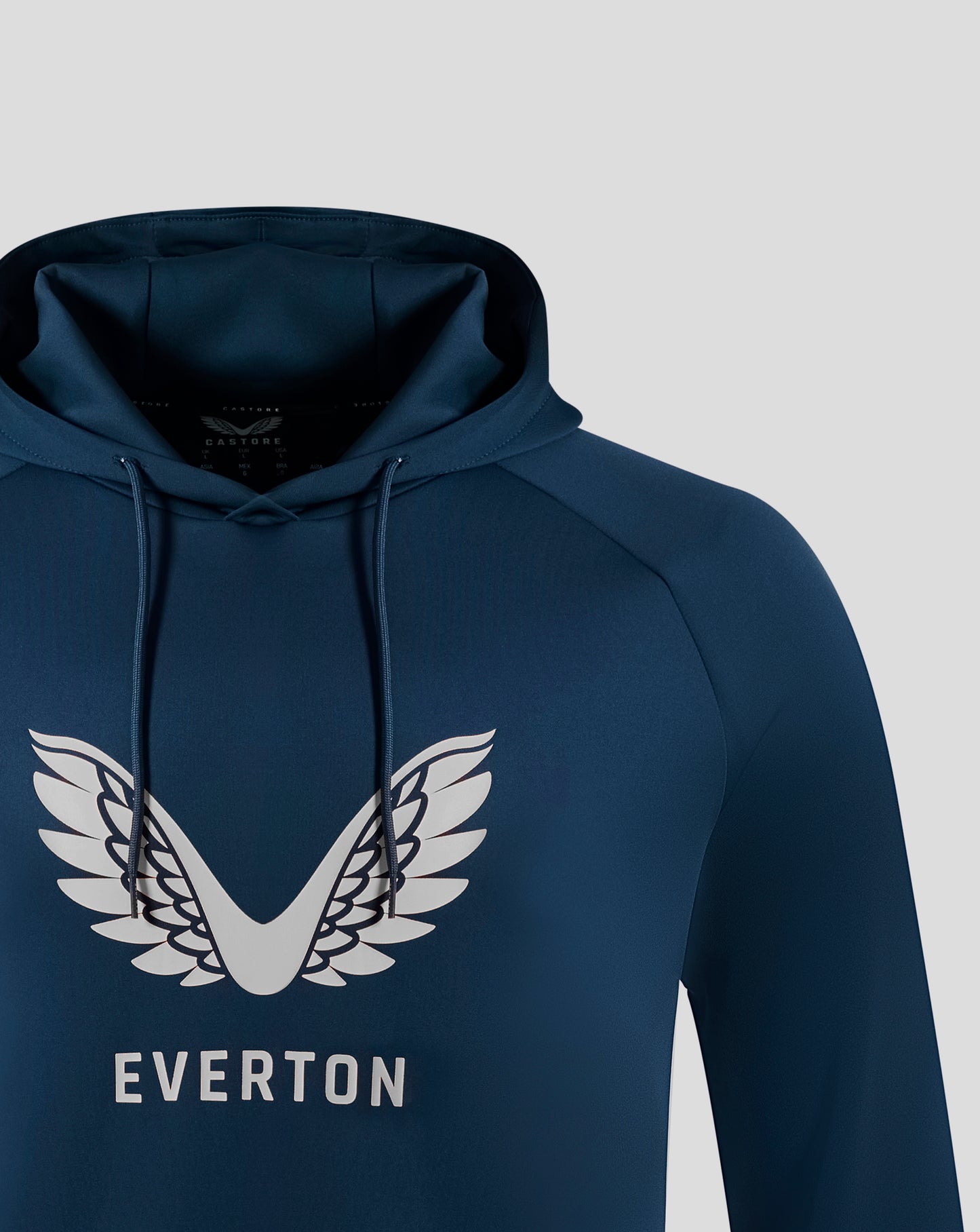 Moonlit Ocean navy hoodie featuring a large white wing emblem and Everton lettering across the chest