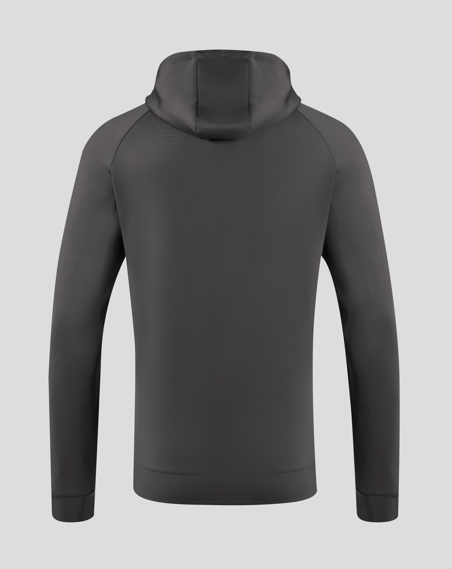 Rear view of Everton hoodie with attached hood and drawstrings in dark gray