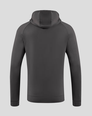 Rear view of Everton hoodie with attached hood and drawstrings in dark gray