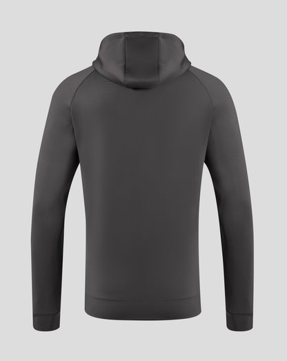 Rear view of Everton hoodie with attached hood and drawstrings in dark gray