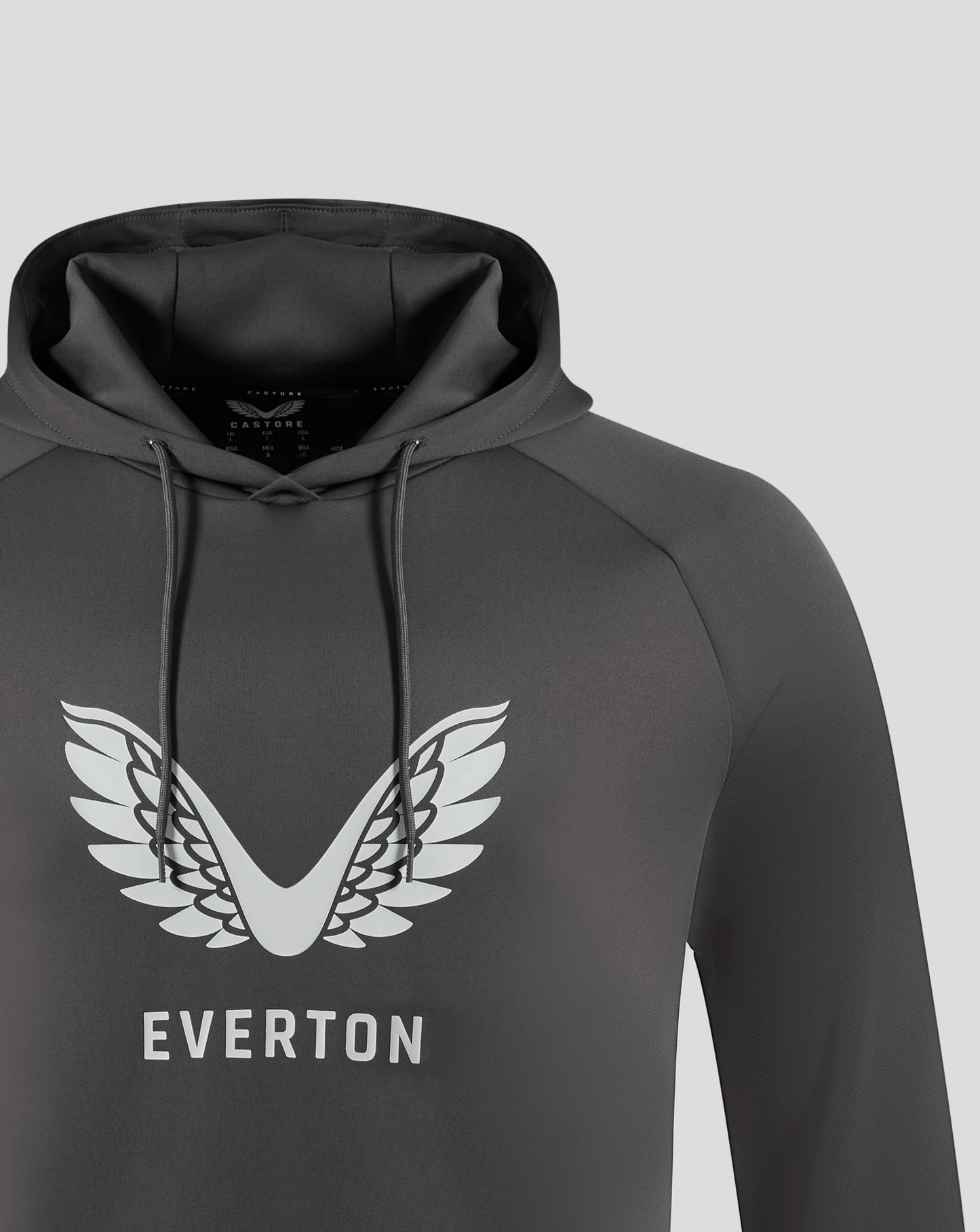 Front view of Everton hoodie displaying bold white wing crest and EVERTON lettering across the lower front