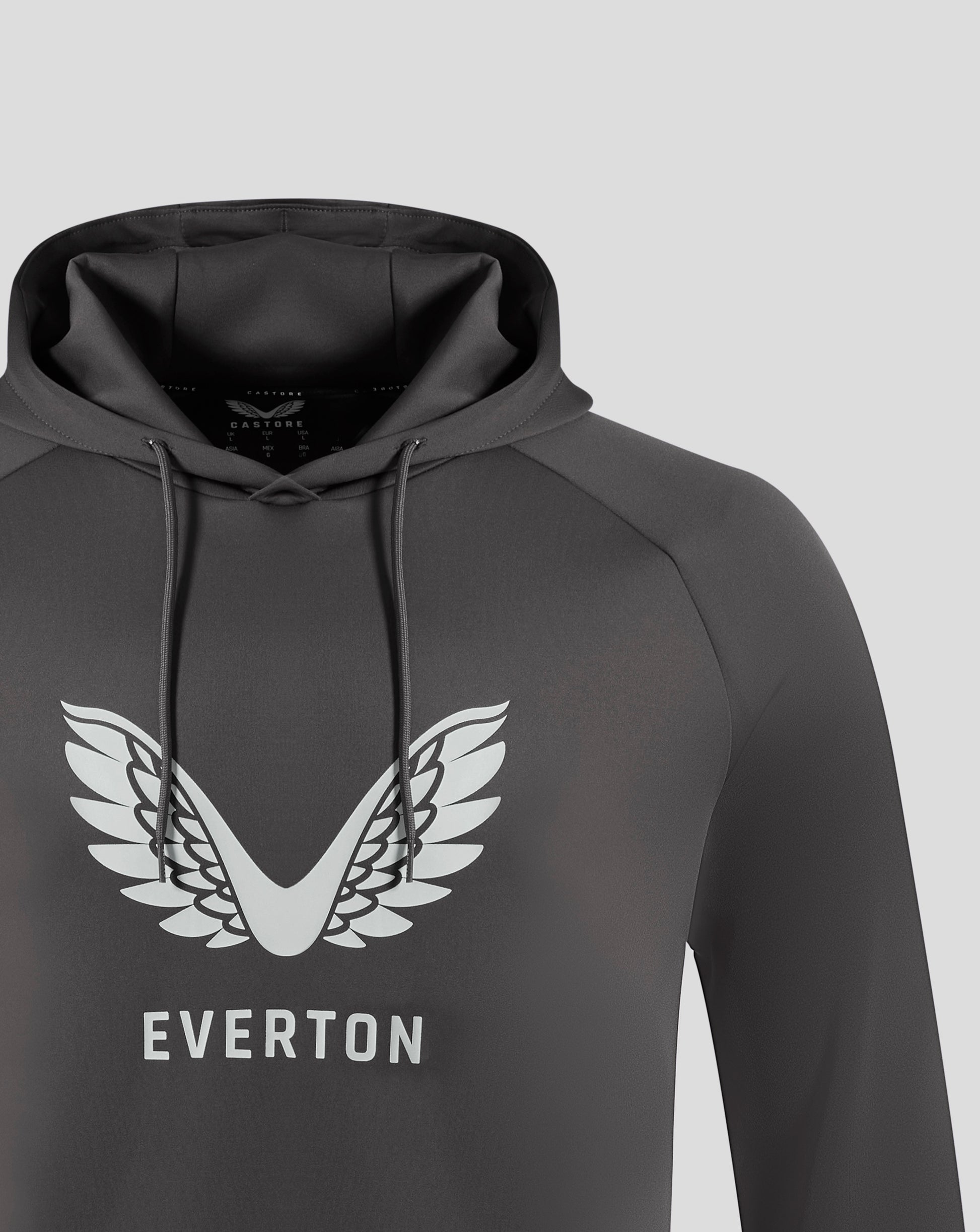 Front view of Everton hoodie displaying bold white wing crest and EVERTON lettering across the lower front
