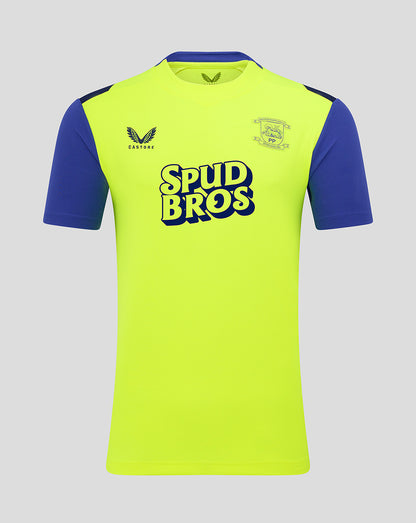 Women's neon yellow Preston North End FC third shirt with blue sleeves, crest on chest, and SPUD BROS sponsor front