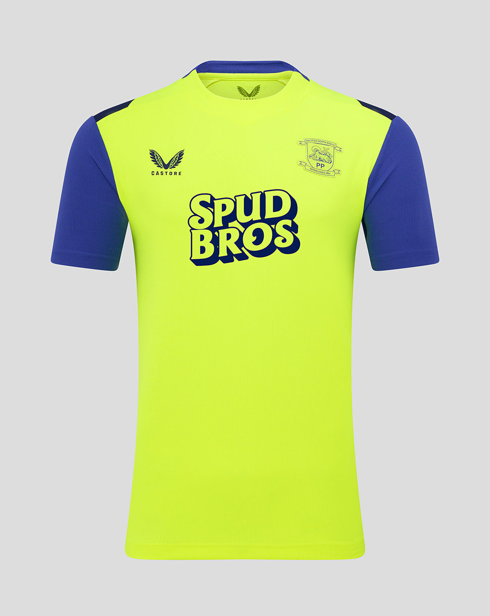 Neon yellow Preston North End replica shirt with blue sleeves and bold Spud Bros logo across the chest