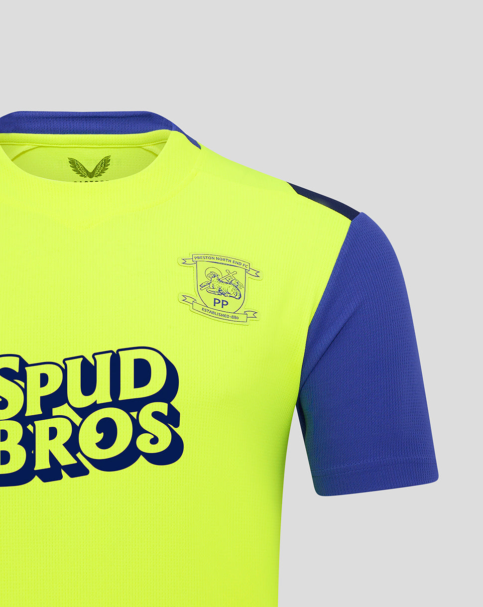 Preston North End FC replica shirt in neon yellow with blue sleeves, crest on chest and SPUD BROS sponsor across the front.