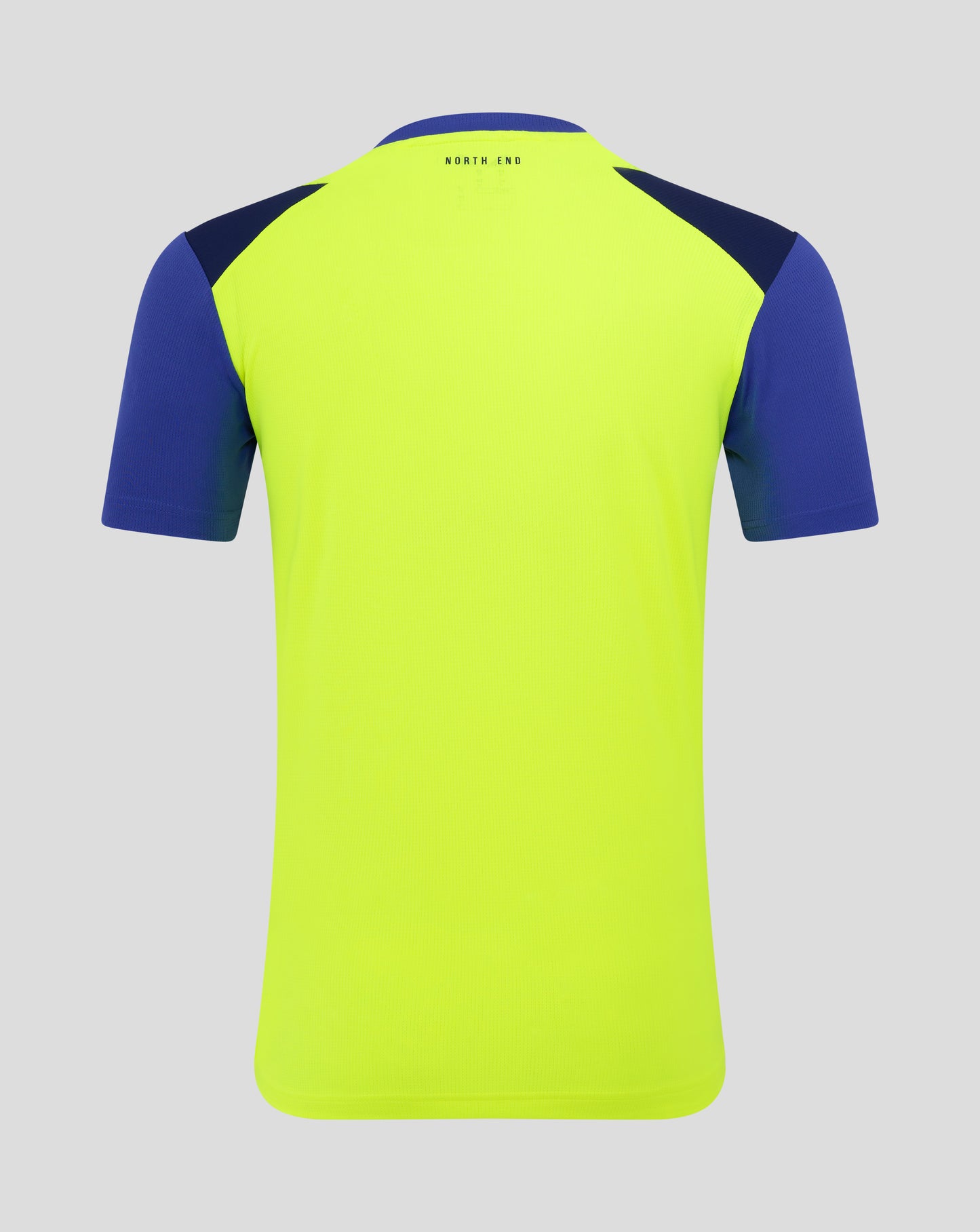 Junior size neon yellow Preston North End FC third shirt with blue sleeves and crest on chest