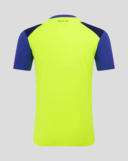Junior size neon yellow Preston North End FC third shirt with blue sleeves and crest on chest