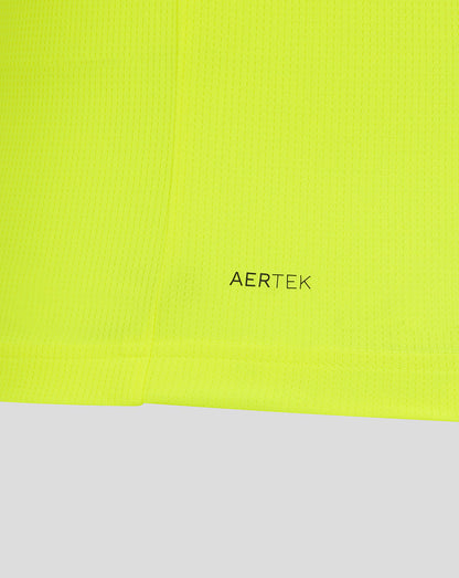 Close-up of neon yellow fabric with AerTek branding on the Preston North End replica shirt.