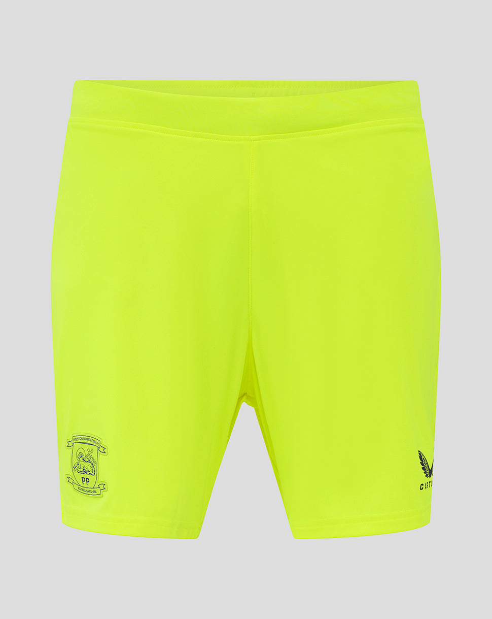 Neon yellow Preston North End FC shorts with crest on the left thigh and a small emblem on the right leg