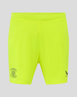 Neon yellow Preston North End FC shorts with crest on the left thigh and a small emblem on the right leg