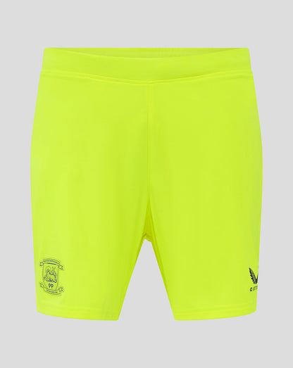 Back view of neon lime Preston North End junior shorts with crest on the left leg