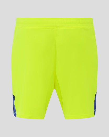 Bright neon yellow Preston North End men's third football shorts with blue side panels