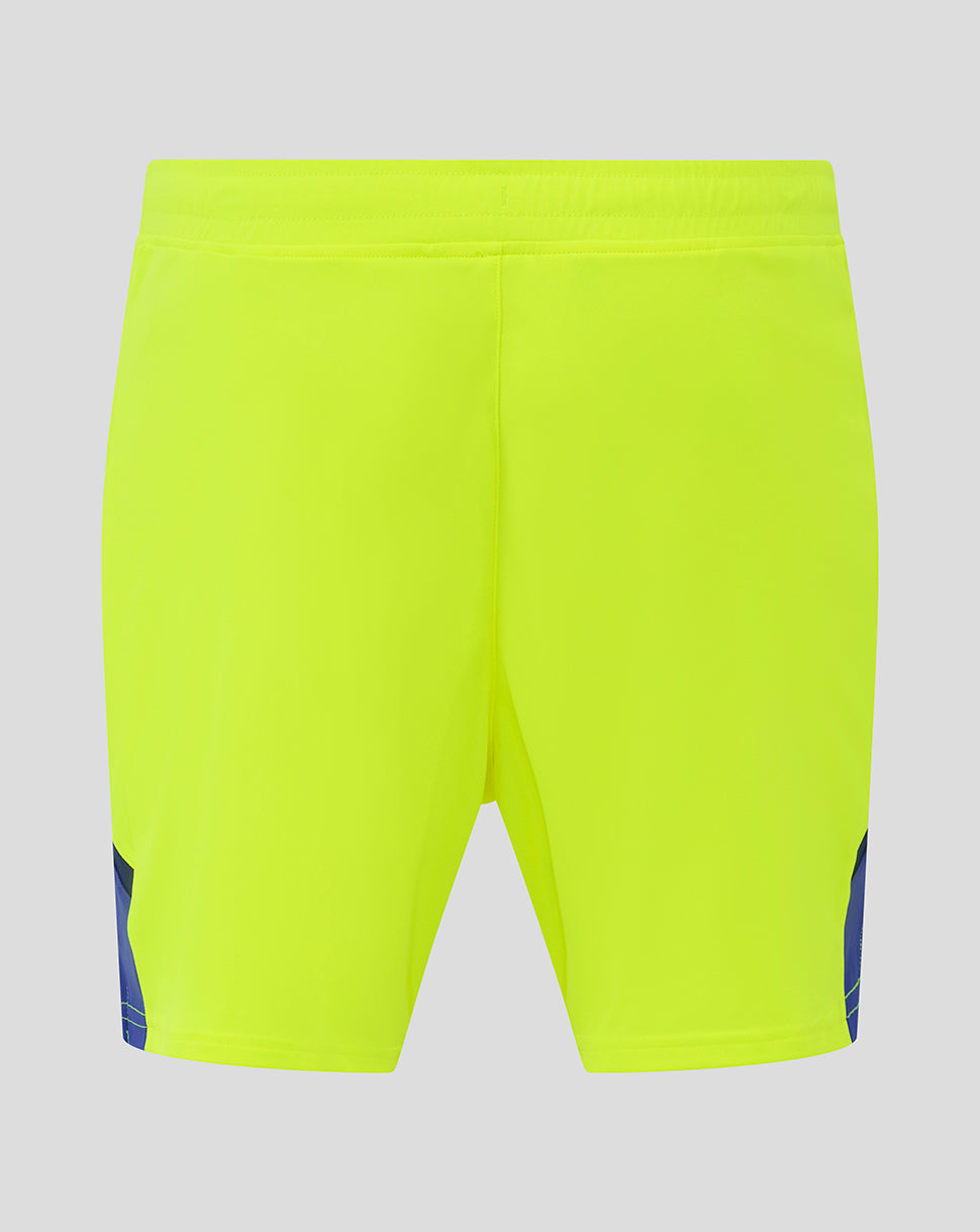 Back view of neon yellow Preston North End junior shorts with blue side panels