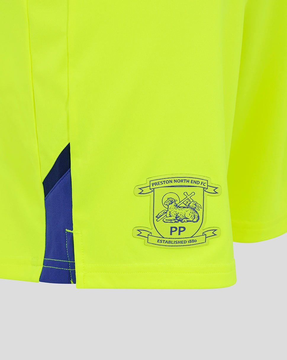 Neon yellow Preston North End FC shorts with blue side panels and crest on the right thigh