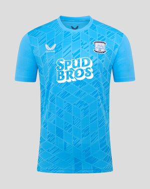 Front view of a light blue Preston North End goalkeeper shirt with SPUD BROS sponsor and club crest