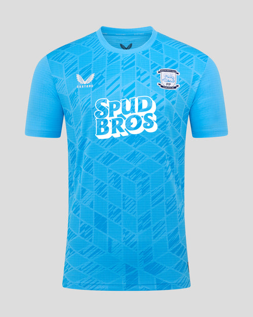 Front view of a light blue Preston North End goalkeeper shirt with SPUD BROS sponsor and club crest