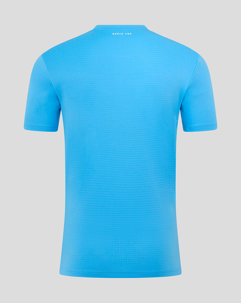 Back view of a bright blue Preston North End goalkeeper shirt with subtle geometric pattern
