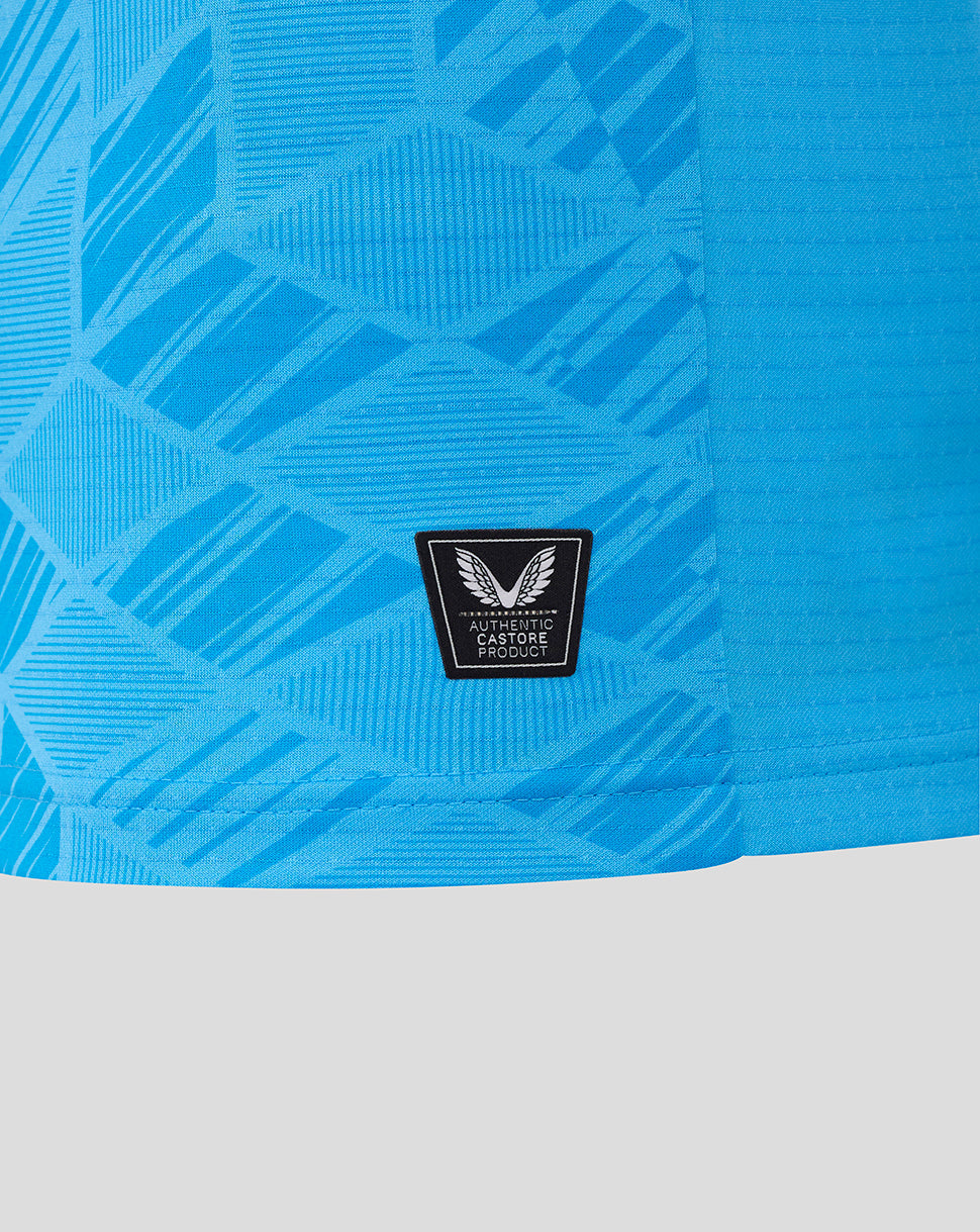 Close-up of blue Preston North End goalkeeper shirt fabric featuring an authentic Castore badge.