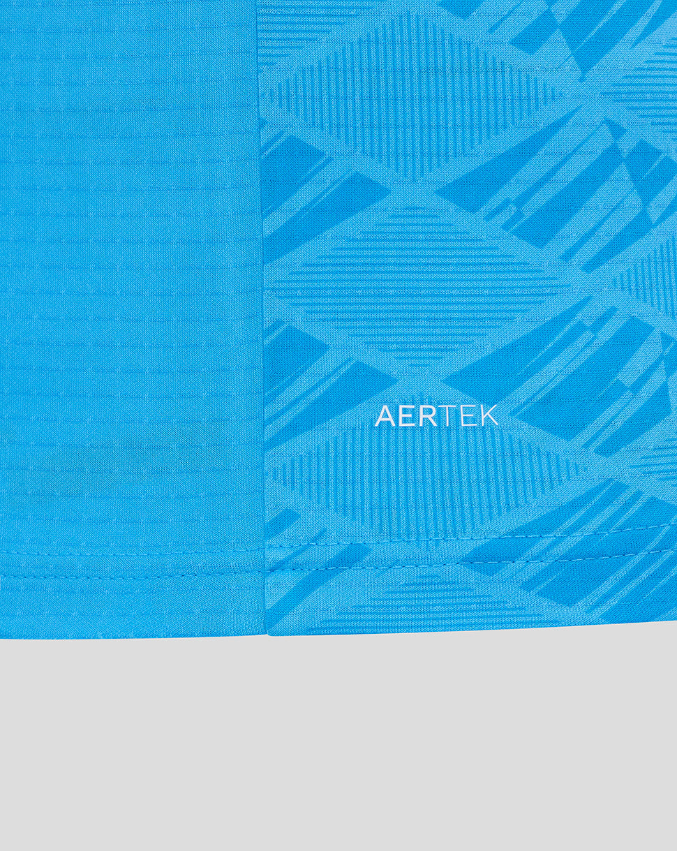 Close-up of sleeve area on blue Preston North End goalkeeper shirt with geometric pattern and AerTek branding