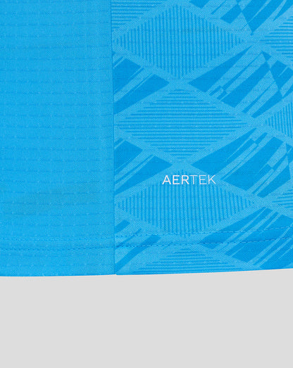 Close-up of sleeve area on blue Preston North End goalkeeper shirt with geometric pattern and AerTek branding