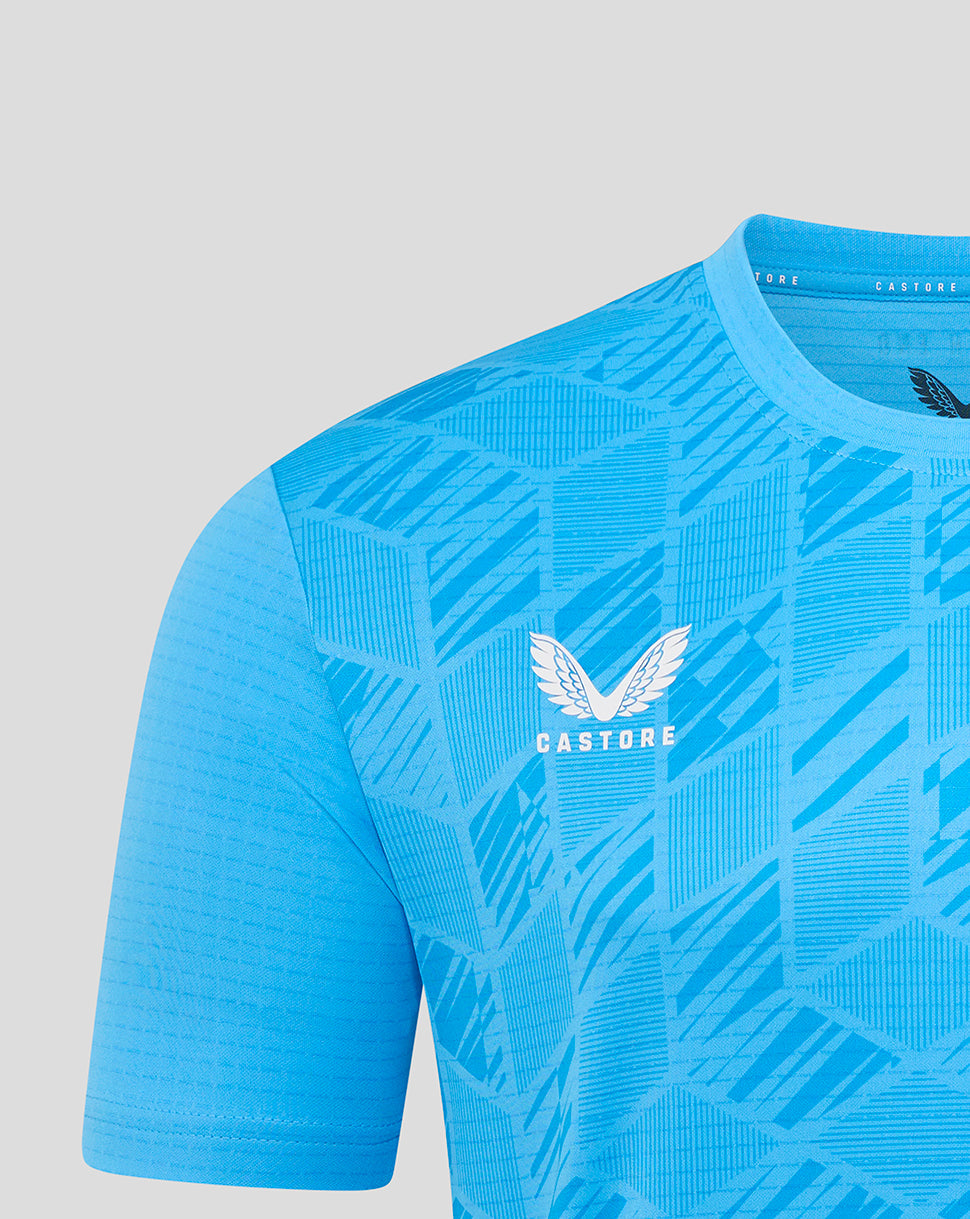 Bright blue Preston North End goalkeeper shirt with bold geometric pattern and white club crest on chest