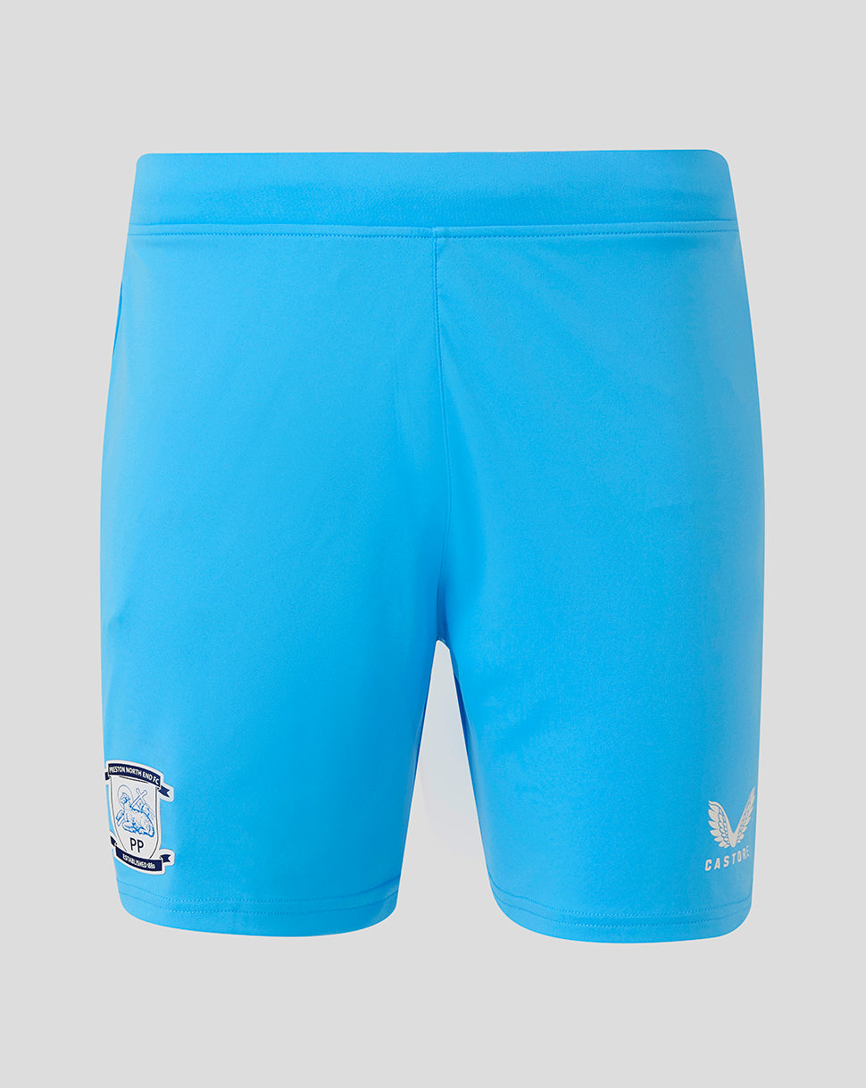 Back view of bright blue Preston North End shorts with crest on the leg and Castore branding.