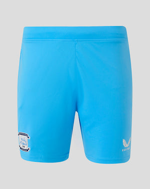 Back view of bright blue Preston North End shorts with crest on the leg and Castore branding.
