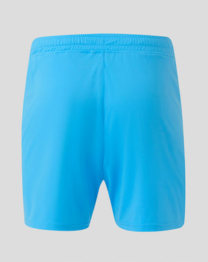Front view of bright blue Preston North End shorts with PNE crest on left leg and Castore logo on right.