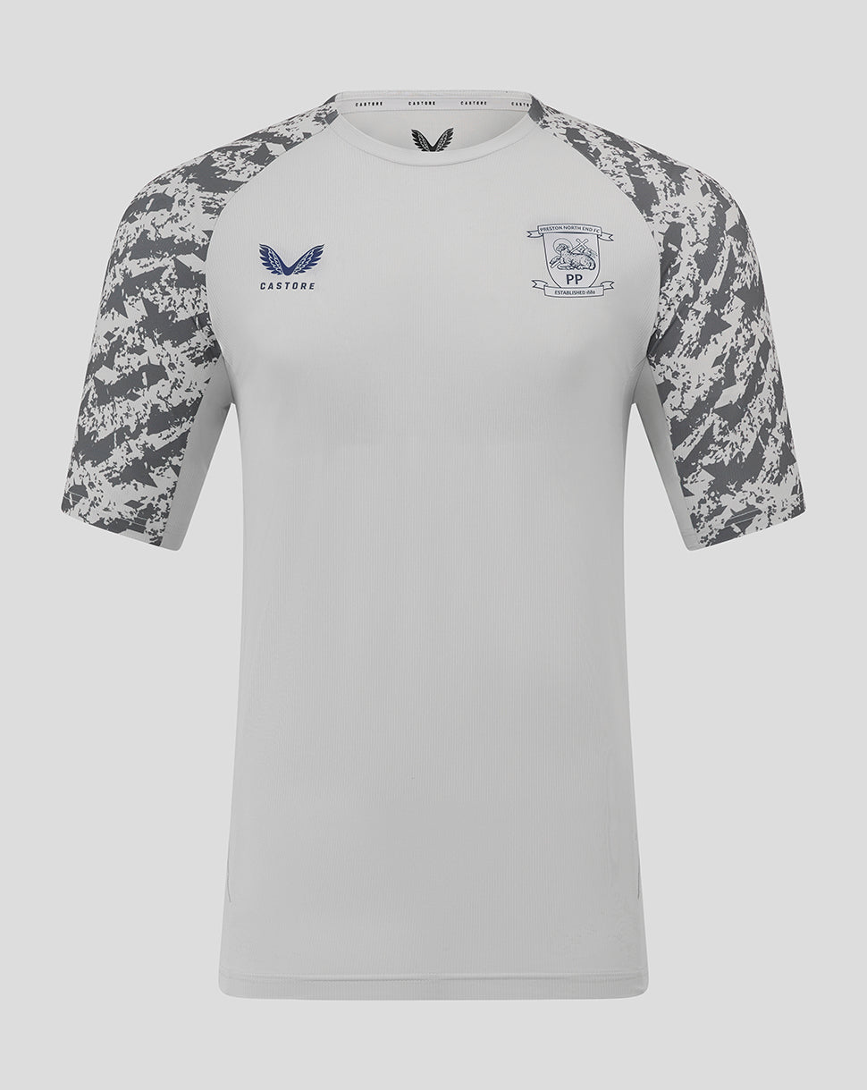 White Preston North End training T shirt with grey camo sleeves, crest on chest and Castore logo