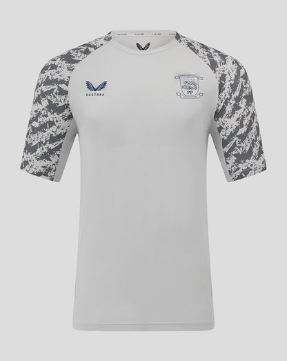 White Preston North End training T shirt with grey camo sleeves, crest on chest and Castore logo