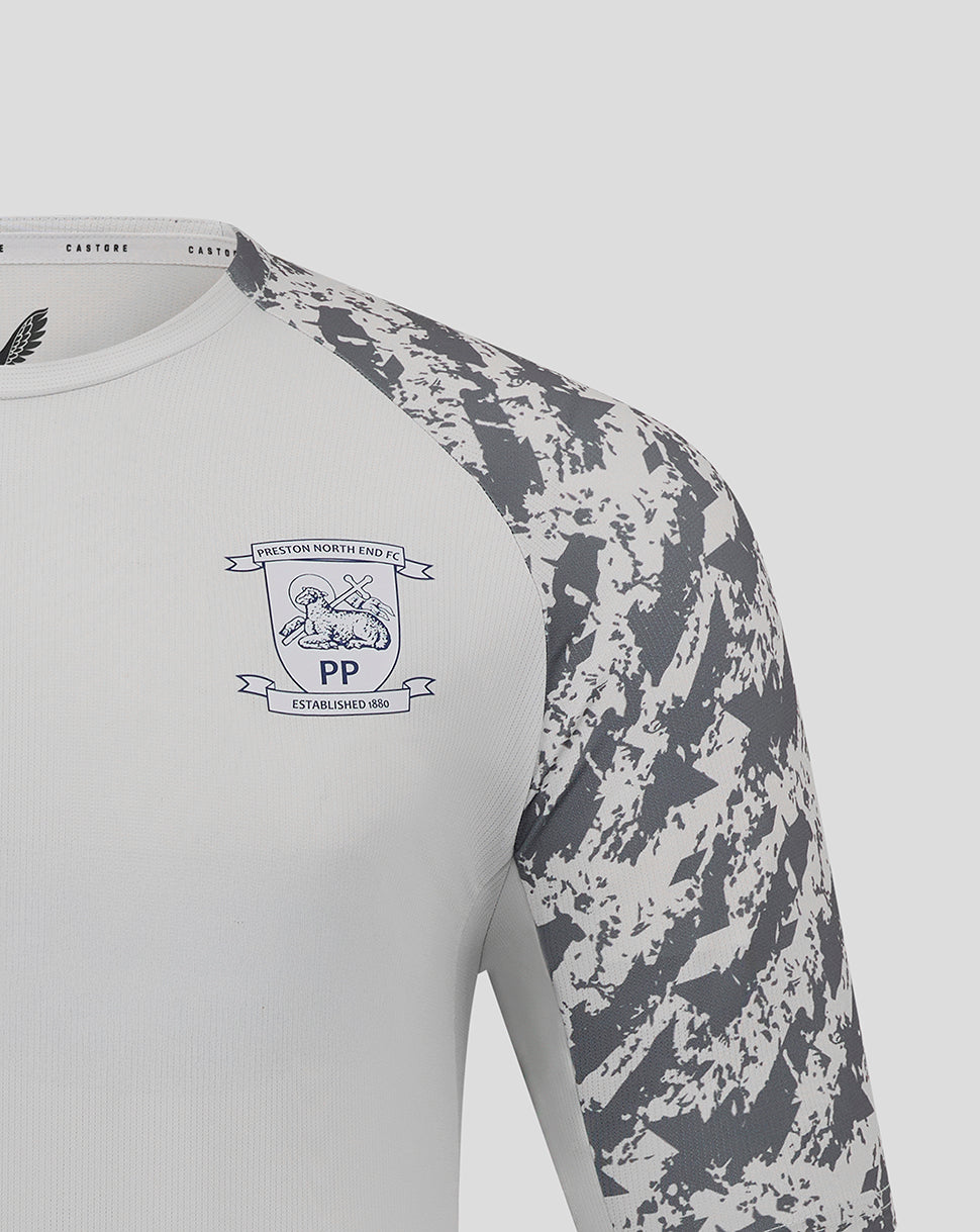 White Preston North End training T shirt with grey camo sleeves and club crest on chest