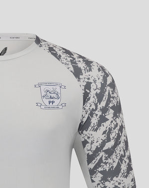 White Preston North End training T shirt with grey camo sleeves and club crest on chest
