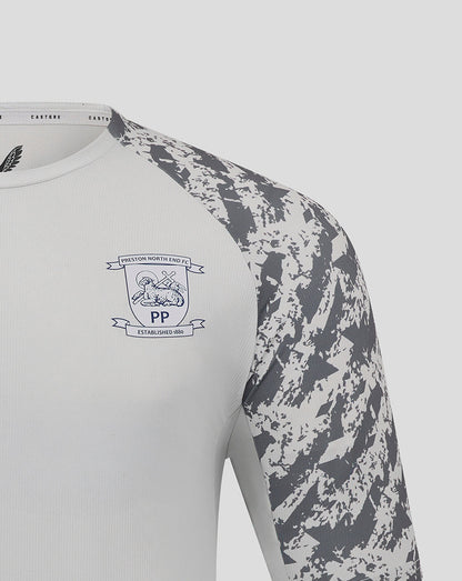 White Preston North End training T shirt with grey camo sleeves and club crest on chest