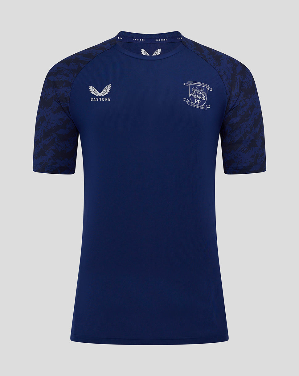 Front view of Preston Junior blue training T shirt showing club crest on chest and Castore logo