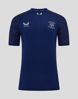 Front view of Preston Junior blue training T shirt showing club crest on chest and Castore logo