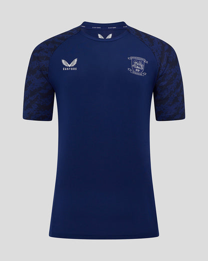 Front view of Preston Junior blue training T shirt showing club crest on chest and Castore logo