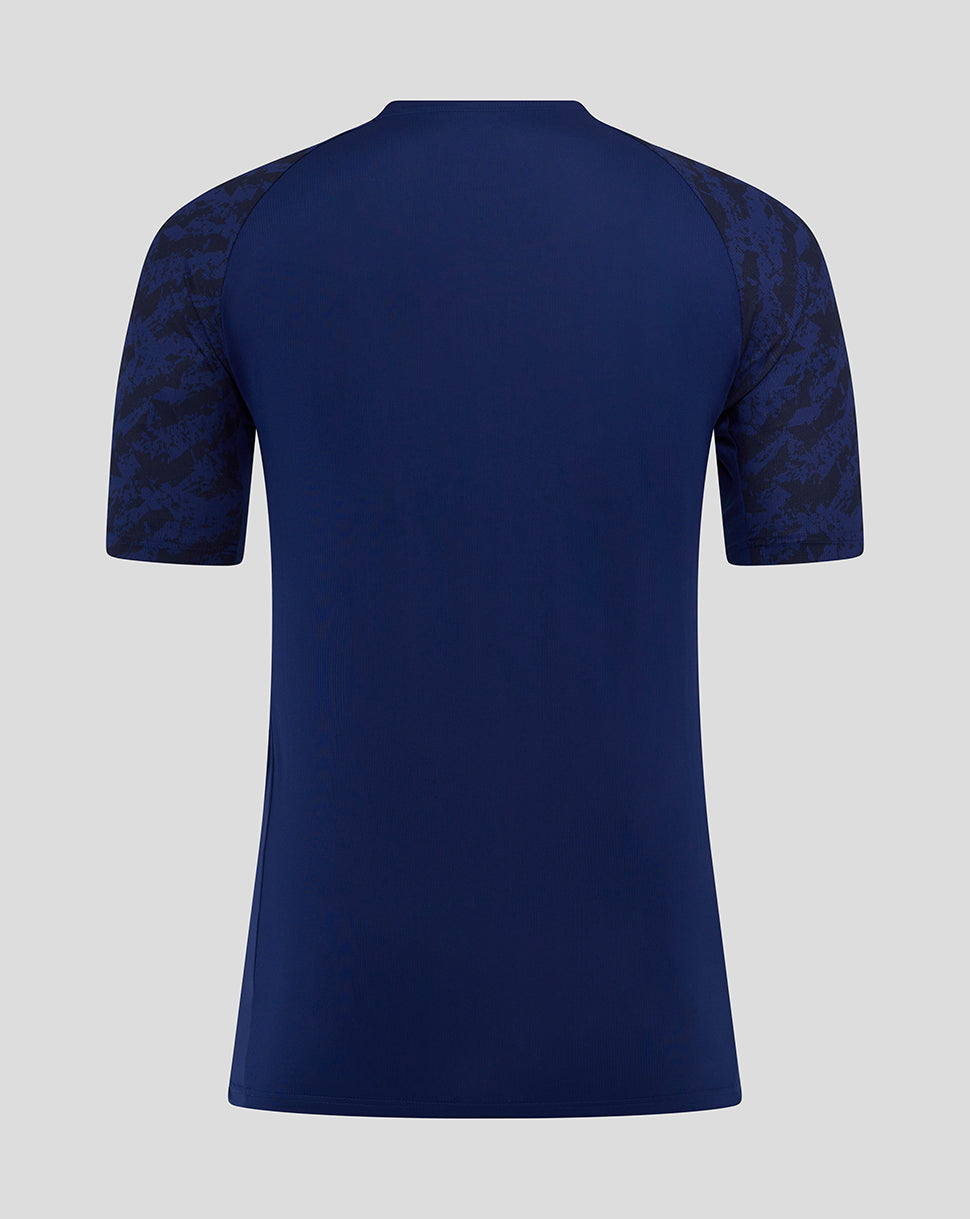 Back view of Preston Junior blue training T-shirt with camo-pattern sleeves
