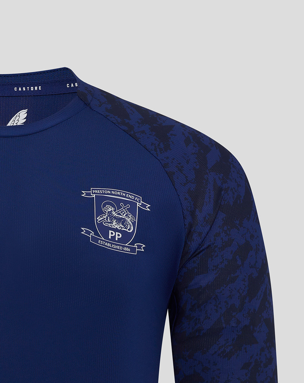 Navy Preston North End training T shirt with club crest on chest and printed sleeve detail