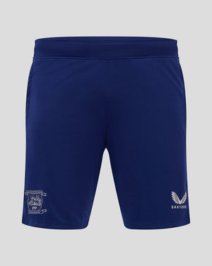 Back view of blue Preston Junior training knit shorts with elasticated waistband.