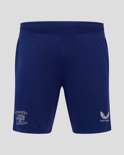 Back view of blue Preston Junior training knit shorts with elasticated waistband.