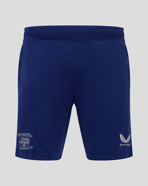 Back view of blue Preston Junior training knit shorts with elasticated waistband.