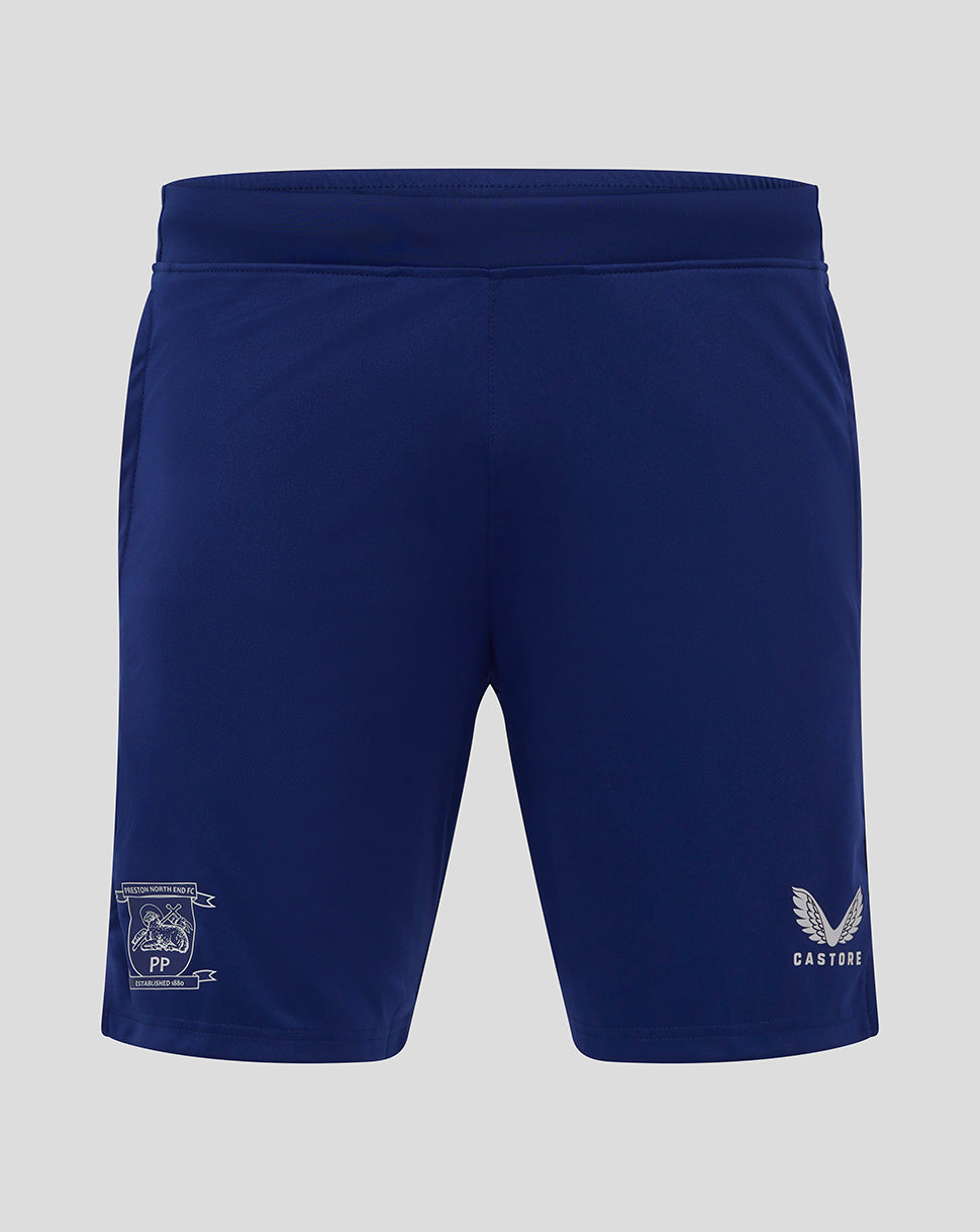 Blue Preston training shorts back view with Castore logo and club crest