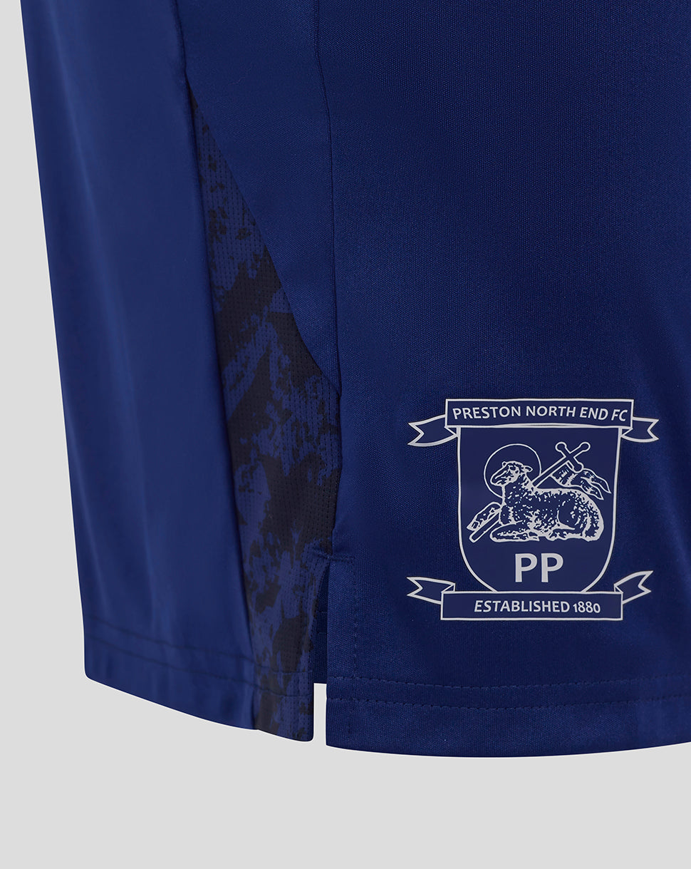 Blue Preston North End FC junior training knit shorts with pockets showing club crest and Castore logo