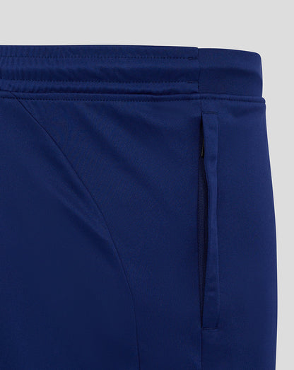 Blue Preston North End FC junior training shorts waistband close up with elastic band and side pocket seam detailing